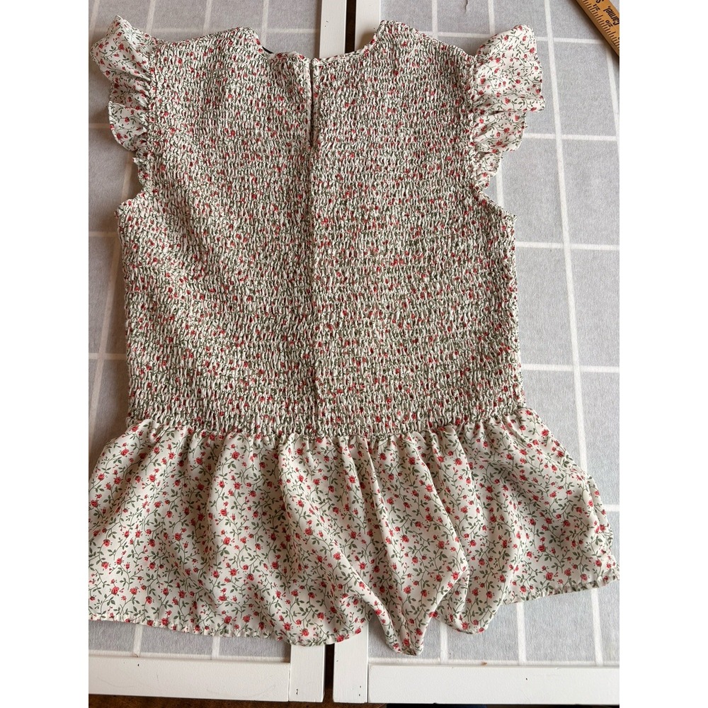 Smocked Ruffled Peplum Cap Sleeve Floral Cottagecore Feminine Boho Top Sz Medium - Picture 6 of 6